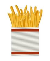 French fries in white paper box. Fried potatoes in package. Fast food. Vector illustration in flat style