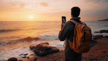 AI generated reality photo man photographing the sea and sunset. A man on the beach takes a photo of the sea at sunset, a very stunning view