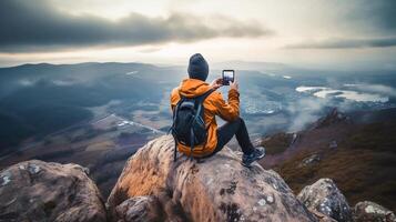 AI generated reality photo Male climber taking a photo with a cellphone sitting on a rock during a very bright day