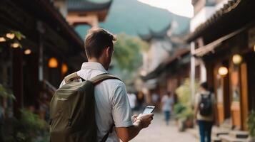 AI generated reality photo Male tourist with backpack taking photos on smart phone while walking in Chinese city, during a very sunny day