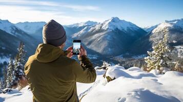 AI generated reality photo of man taking smartphone photos of snow covered hills, Leavenworth, Washington, United States during a very clear day