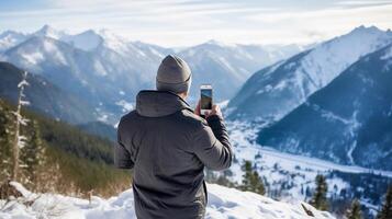 AI generated reality photo of man taking smartphone photos of snow covered hills, Leavenworth, Washington, United States during a very clear day