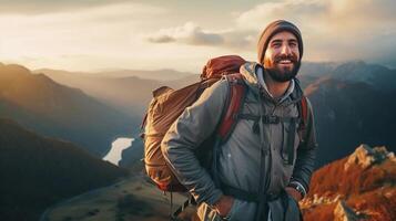 AI generated reality photo Tourist climbers smile in the mountains when they see a very stunning view