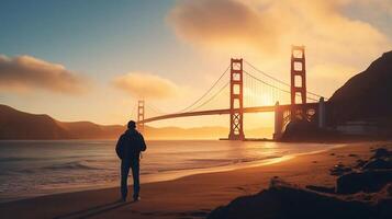 ai generado realidad foto de asiático hombre disfrutando tomando fotos de el dorado portón puente a amanecer