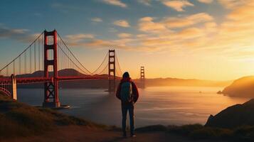 AI generated reality photo of Asian man enjoying taking photos of the Golden Gate Bridge at sunrise