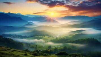 AI generated reality photo Misty summer sunrise in the Carpathian mountains. Magnificent morning view