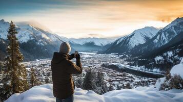 AI generated reality photo of man taking smartphone photos of snow covered hills, Leavenworth, Washington, United States during a very clear day