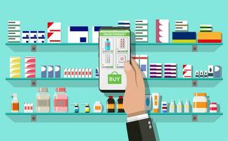 Hand with smartphone with shopping app. Modern interior pharmacy or drugstore. Medicine pills capsules bottles vitamins and tablets on store shelves. Vector illustration in flat style