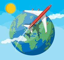 Airplane top view. Passenger or commercial jet. Globe in dots. Cartography and geography. Sun, sky, clouds. Aircrfat lat style. Journey or vacation, business trip. Vector illustration