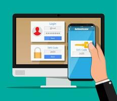 Two steps authentication concept. Computer monitor with login into account and hand with smartphone with sms app. Duo verification by phone and approvement. Vector illustration in flat style