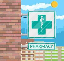 Caduceus icon. Symbol of healthcare, pharmacy, drug store. Snake, staff and cross, pharmacy sign on wall. Brick wall, cityscape, clouds, sky and sun. Vector illustration in flat style