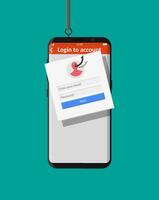 Login into account and fishing hook. Internet phishing, hacked login and password. Computer netwrok and internet security concept. Anti virus, spyware, malware. Vector illustration in flat style