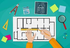 Engineer hands working on blueprint. Engineering drawing project, Sketching building. Engineer worksspace. ruler, calculator. vector illustration in flat style on green background