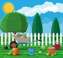 Garden harvest with vegetables and different gardening equipment, tools. Wheelbarrow shovel bucket. Wooden fence, tree. Organic healthy food. Fresh farming vegetables. Vector illustration flat style