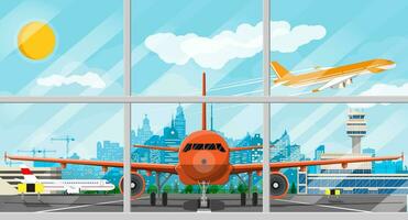 Plane before takeoff. Airport control tower, terminal building and parking area. Cityscape. Sky with clouds and sun. Vector illustration in flat style