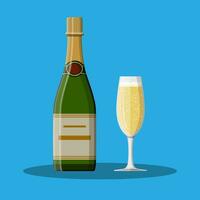 Bottle of champagne and glass. Champagne alcohol drink. Vector illustration in flat style