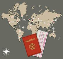 World map with jet routes and passport with boarding pass on grey background. traveling concept. vector illustration