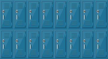 azul metal gabinetes casilleros en colegio o gimnasio con plata manejas y Cerraduras. seguro caja con puertas, armario, compartimiento. vector ilustración en plano estilo