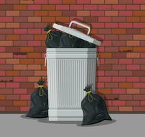 Huge waste trash can on street. Bin full of plastic bags with garbage. Metal bucket. Garbage recycling and utilization equipment. Waste management. Vector illustration in flat style