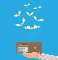 Dollars and coins with wings flying away from hand with wallet. Losing money, overspending, bankruptcy. Vector illustration in flat style