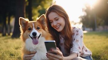 AI generated reality photo of woman taking selfie with pet welsh corgi dog on smart phone