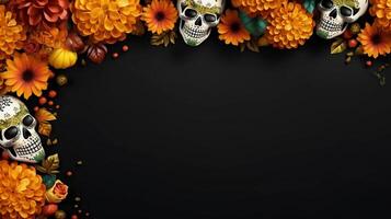 AI generated photo reality Marigold flowers with frames and painted skulls