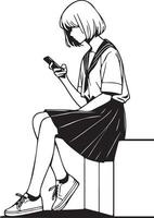 High School Female Student Use Cellphone Sketch Drawing. vector