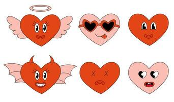 Set Hearts Characters for Valentines Day. Hearts Angel and demon, in sunglasses, smile and dead. Mascot in groovy and Y2k style. Vector cartoon illustration.
