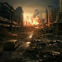 AI generated Destroyed city after the war. Dramatic scene of the fuming city, Bombed out and burning, Human suffering for war Ai generated photo