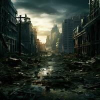 AI generated Destroyed city after the war. Dramatic scene of the fuming city, Bombed out and burning, Human suffering for war Ai generated photo