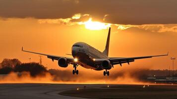 AI generated Airborne Elegance, A Majestic Sunset Landing, Graceful Aircraft Descends with Extended Landing Gear, Fusing Human Innovation and Natural Splendor in a Dynamic Sky Canvas photo