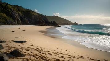 AI generated Pristine Beachfront with Lush Greenery and Rugged Cliffs in the Morning Bright Light and Blue Sky. photo