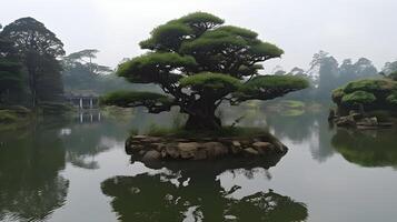 ai generado lozano antiguo verde árbol en pequeño isla en todavía lago reflejando hermosa cielo y nubes foto