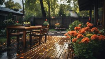 ai generado sereno enviar lluvia escena con de madera patio, lluvia besado, lozano flora, tranquilo ambiente, abrazado por suave ligero en un tendido jardín. patio interior hogar un sitio a relajarse, recolectar, y sentarse. foto