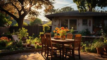 AI generated Backyard garden terrace wooden table and chair full of flowers and green with warm light. photo