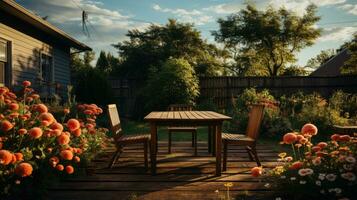 AI generated Backyard garden patio wooden table and chair full of flowers and green with warm light. photo