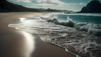 ai generado serenidad se desarrolla, majestuoso costa con espumoso olas y montaña siluetas en el Mañana amanecer. foto