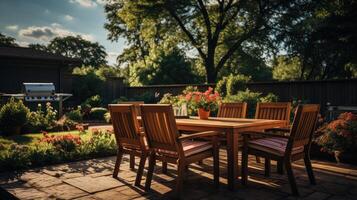 AI generated Backyard garden patio wooden table and chair full of flowers and green with warm light. photo