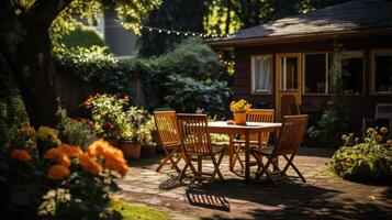 AI generated Backyard garden terrace wooden table and chair full of flowers and green with warm light. photo