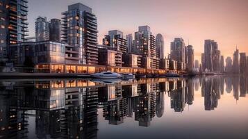 AI generated An elite apartment complex or business district with yacht parking at the bay, reflection at the water. photo