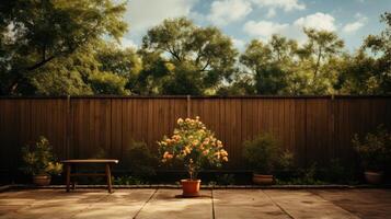 ai generado hormigón terraza y patio interior hogar de madera cerca como un fondo con alto verde árbol y azul cielo en el antecedentes como un hermosa naturaleza fondo. foto