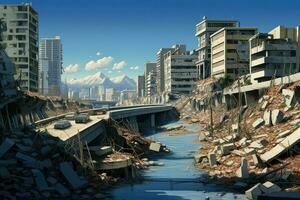 AI generated Destroyed city after earthquake. Dramatic scene of the fuming city and burning, Human suffering for earthquake Ai generated photo