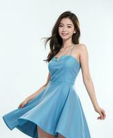 AI generated Beautiful woman in blue dress on white background in casino studio photo