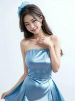 AI generated Beautiful woman in blue dress on white background in casino studio photo