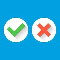 Simple Check Marks Icons. icons with long shadows in flat style. Green Tick and Red Cross Represents Confirmation, Right and Wrong Choices concepts. Vector illustration