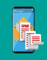 Yellow paper enevelope and spam mail on smartphone screen. Long emails. Email box hacking, spam warning, virus and malware, network security. Vector Illustration in flat style