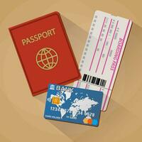 Passport, bank card and boarding pass ticket with shadows. travel vacation concept. Vector illustration in flat design on brown background