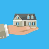 Businessman hand holding house. real estate. vector illustration in flat style