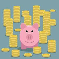 Pink piggy bank and stacks of gold coins on grey backgound, vector illustration in flat design. infographics web design elements