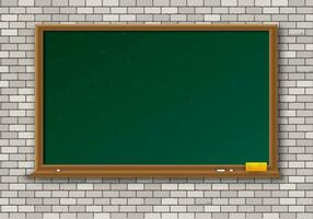 Empty green chalkboard with shadow with wooden frame with yellow sponge and white chalk on white brick wall background. template for cards. web design. vector illustration